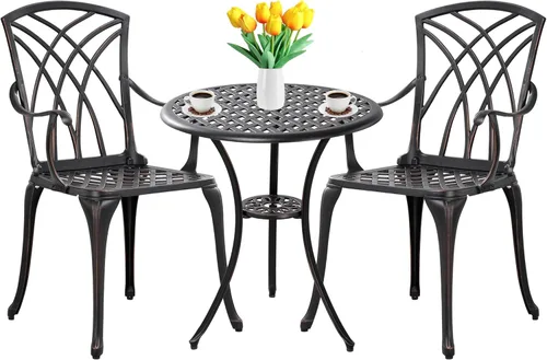 Juego de 3 piezas de bistró para patio al aire libre, juego de mesa de bistró resistente a la oxidación con agujero para sombrilla, juego de mesa y