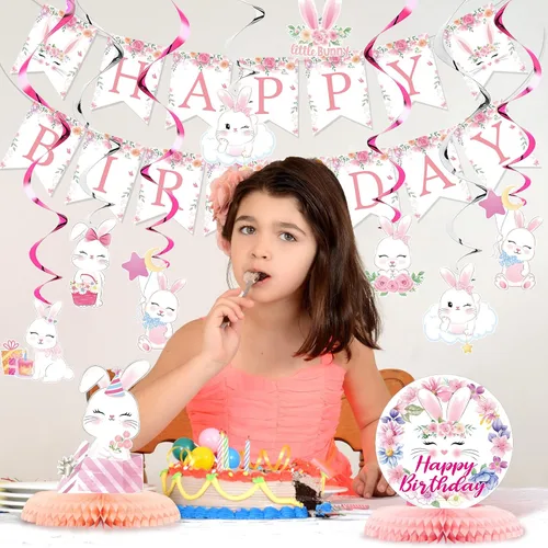 Miniatura 6 de Kit de decoración de fiesta de cumpleaños de conejo, 26 piezas, suministros de conejo, pancarta, panal, centro de mesa, remolinos colgantes