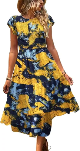YESNO Vestidos de verano para mujer, con volantes, manga casquillo, vestido casual bohemio con corpiño fruncido con bolsillos, E05