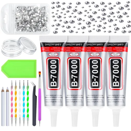 B7000 Pegamento Transparente con Punta de Precisión, 4 Piezas de 25mL Pegamento para Cuentas de Joyería, Adhesivo para Deslumbrar con Diamantes de