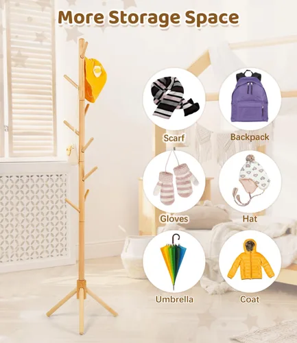 Miniatura 2 de Perchero de madera de haya para niños, soporte de altura ajustable con 9 ganchos, organizador de ropa infantil independiente para pasillo, Natural