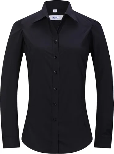 Miniatura 6 de MGWDT Camisa de trabajo con botones para mujer, ajustada, resistente a las arrugas, manga larga/corta, elástica, ligera