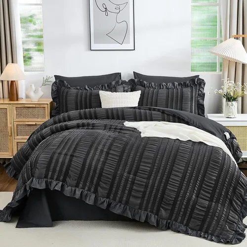 Miniatura 10 de Juego de edredón Queen de WONG BEDDING, edredón blanco y lindo con volantes para cama Queen, juego de 7 piezas en una bolsa, juego de cama