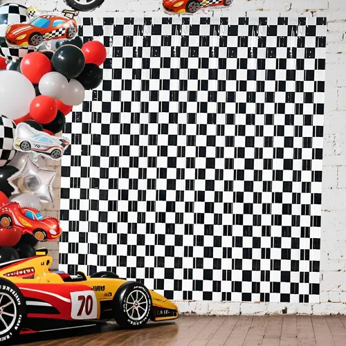 Miniatura 4 de Paquete de 2 telones de fondo de auto de carreras, decoraciones de fiesta de cumpleaños de autos de carreras, fondo a cuadros en blanco y negro