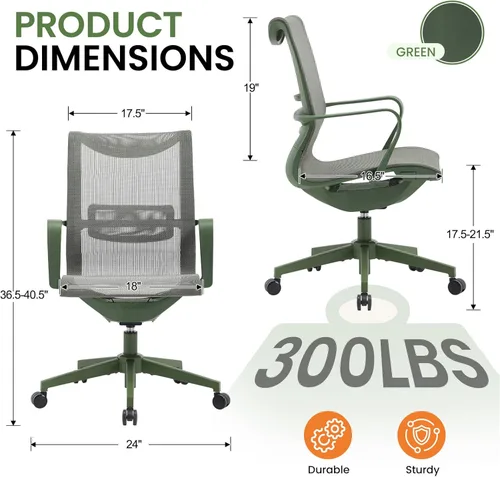 Miniatura 2 de LuxErgo Silla de oficina ergonómica de malla, silla de escritorio con respaldo medio con soporte lumbar y reposabrazos, altura ajustable, reclinable