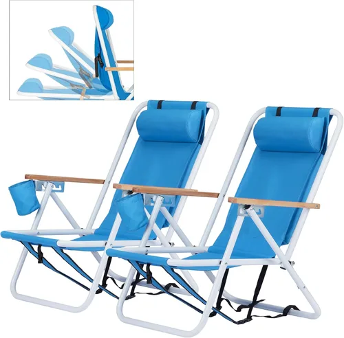 Outvita Silla de playa plegable con reposacabezas ajustable de 4 ángulos flexibles, con soporte para tazas, portátil, de alta resistencia, tela Azul