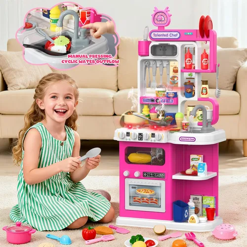 Miniatura 4 de Juego de cocina para niños, cocina de juego de 36.22 pulgadas para niños pequeños de 1 a 3 años con vapor, sonido y luz, estufa de cocina