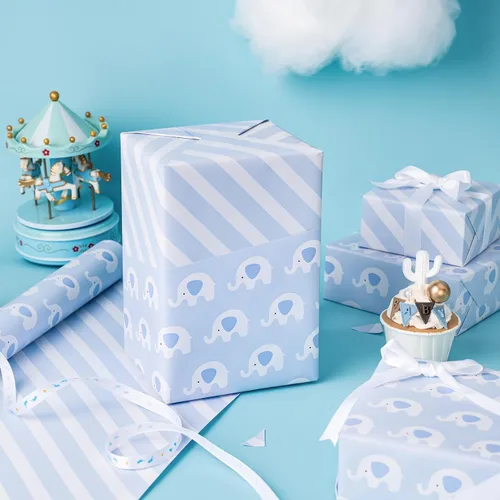 Miniatura 6 de WRAPAHOLIC - Papel de regalo reversible para bebé niño, rollo mini - 17 pulgadas x 33 pies - Lindo diseño de elefante azul, perfecto para baby Bebé