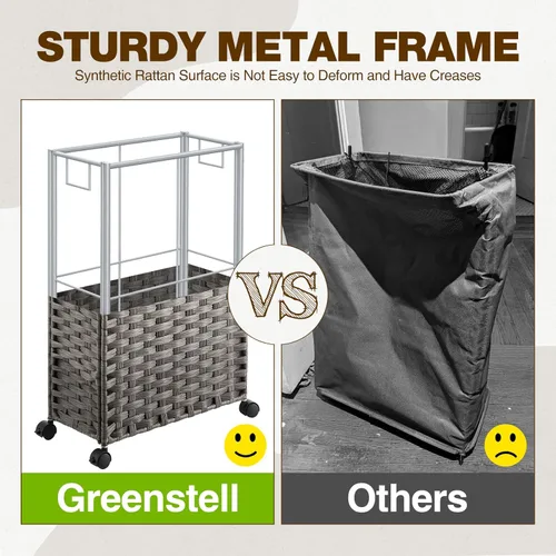 Miniatura 7 de GREENSTELL - Cesta de ropa con ruedas, 45 l (11.9 galones), cesto pequeño de ratán para ropa con 2 bolsas extraíbles y 2 bolsas de malla, cesto