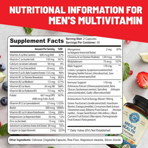 Miniatura 3 de Suplemento multimineral multivitamínico diario para hombre para energía, concentración, resistencia y rendimiento. Hecho para hombres con más de 30