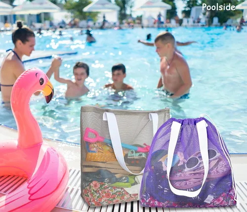 Miniatura 3 de Paquete de 4 bolsas reutilizables de malla colorida para la playa, bolsa de compras de malla con cordón para viajes, juguetes, regalo o lavandería