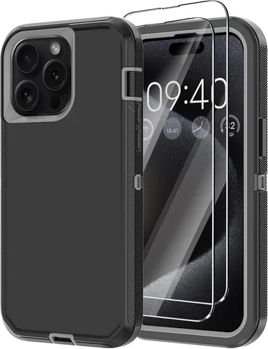 Miniatura 9 de Funda para iPhone 15 Pro Max con 2 protectores de pantalla, protección contra caídas a prueba de golpes, cuerpo completo, resistente, 3 capas, Negro