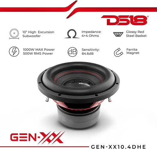 Miniatura 5 de DS18 GEN-XX10.4DHE - Subwoofer para automóvil de alta excursión de 10 pulgadas, 1000 vatios, bobina de voz dual máxima, 4+4 ohmios (1 altavoz)