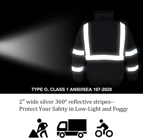 Miniatura 6 de VENDACE Chaquetas de seguridad reflectantes de alta visibilidad para hombres Forro polar de invierno ANSI Clase 1 Chaqueta bomber con capucha Hi Vis