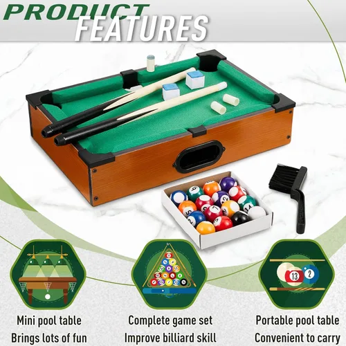 Miniatura 3 de Shappy Mini juego de mesa de billar Mesa de billar para gatos, juego de billar pequeño con 16 bolas, 2 palos de billar, 6 cubos de tiza, 6 puntas
