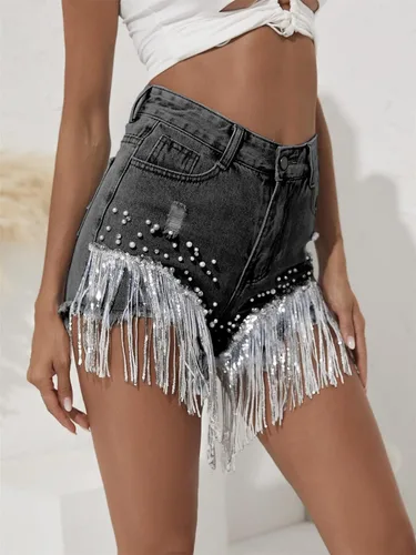 Miniatura 5 de LifeShe Pantalones cortos de mezclilla para mujer con cuentas de perlas de diamantes de imitación