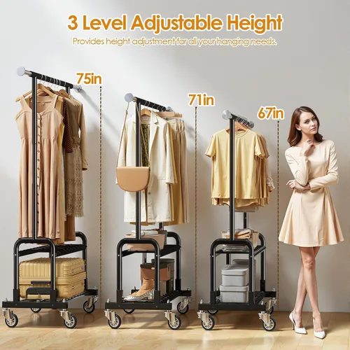 Miniatura 4 de Luxspire Perchero de ropa resistente, con carga de 600 libras, percheros con ruedas resistentes y estantes de 2 niveles, perchero ajustable