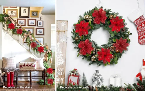 Miniatura 5 de RECUTMS 66 piezas 3 estilos de adornos rojos de Navidad, flores de Pascua brillantes de Poinsettia artificiales, adornos de árbol de Navidad, flores