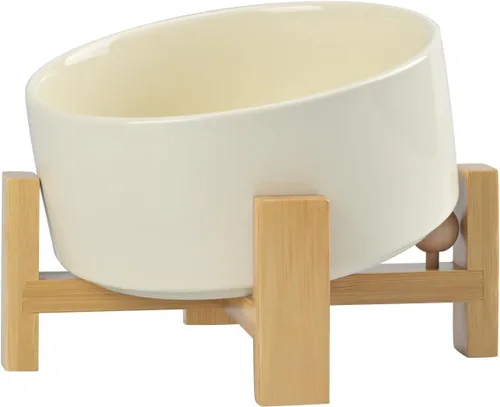 Miniatura 34 de SPUNKYJUNKY Cuenco de cerámica inclinado de 15° para perros y gatos con soporte de madera, cuenco inclinado para comida y agua para bulldog Blanco
