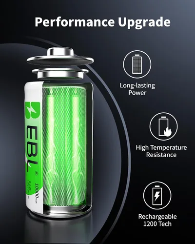 Miniatura 6 de EBL Paquete de 4 baterías recargables D de 1.2 V 10000 mAh de alta capacidad con cargador de batería inteligente LCD para baterías recargables Ni-MH