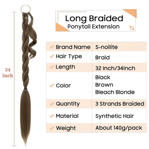 Miniatura 5 de S-noilite 2 extensiones de cabello sintético trenzado largo con banda para el cabello, trenzas de cabello rubio trenzado, extensión de cola