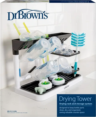 Miniatura 15 de Dr. Brown's Torre de secado de biberones, estante de secado alto, organizador de fregadero azul/blanco para biberones y piezas con dos soportes