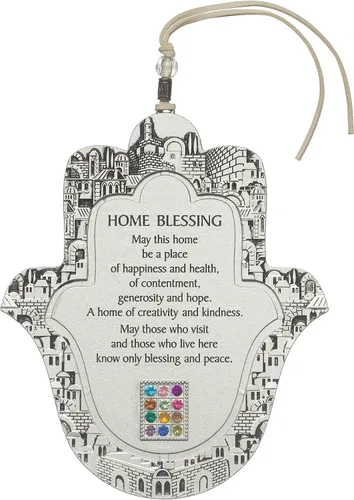 Miniatura 12 de Decoración de pared Hamsa de la buena suerte con bendición del hogar en inglés de 19 cm con motivo de granadas púrpuras - Mano Hamsa para colgar