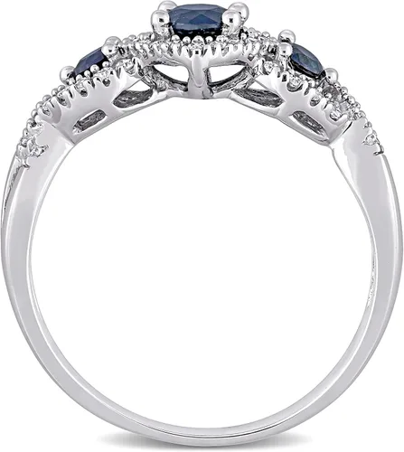 Miniatura 4 de Anillos de compromiso de oro blanco macizo de 10 quilates con zafiro azul de corte redondo para mujer, con engaste de garra de aniversario y boda