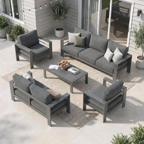 Miniatura 54 de Solaste Juego de muebles de patio de aluminio para todo tipo de clima, moderno juego de muebles de metal para exteriores con asientos profundos