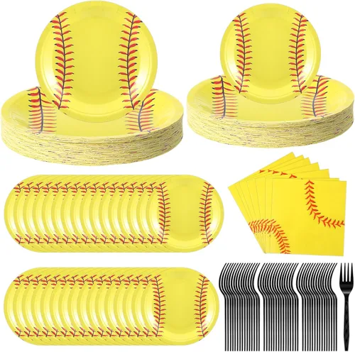 Zhehao Juego de 192 platos y servilletas de papel de sóftbol, suministros de fiesta de sóftbol, decoraciones de 7 pulgadas y 9 pulgadas, platos de