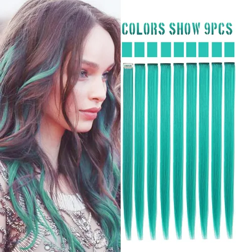 Miniatura 22 de Rhyme 12 piezas de extensiones de cabello de color azul y verde azulado con reflejos de princesa de 21 pulgadas con clip para niñas americanas