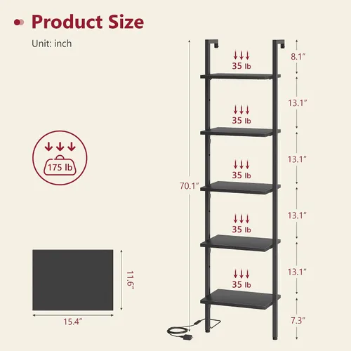 Miniatura 2 de Tajsoon Estante de escalera de 5 niveles con luz, estante de madera para libros montado en la pared, estantería de escalera con marco de metal