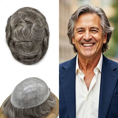 Miniatura 111 de Toupee para hombres Sistema de reemplazo de cabello humano real duradero invisible para hombre Toupee Hair Piece para hombres Poly Men Sistema
