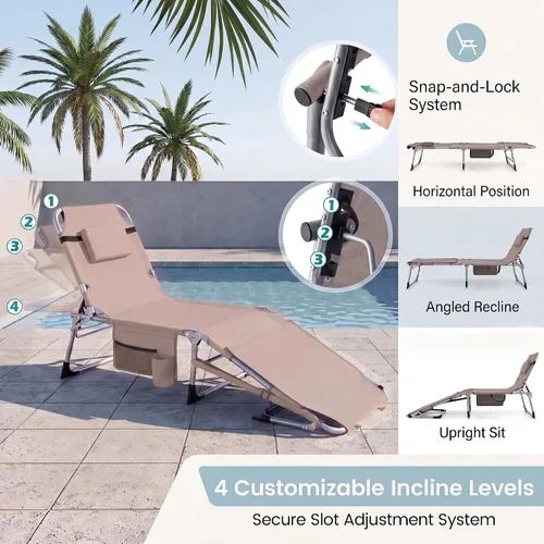 Miniatura 4 de Giantex Silla bronceadora, silla de playa de 330 libras con 5 posiciones ajustables, agujero para cara y brazo, correa para manos/hombros, almohada