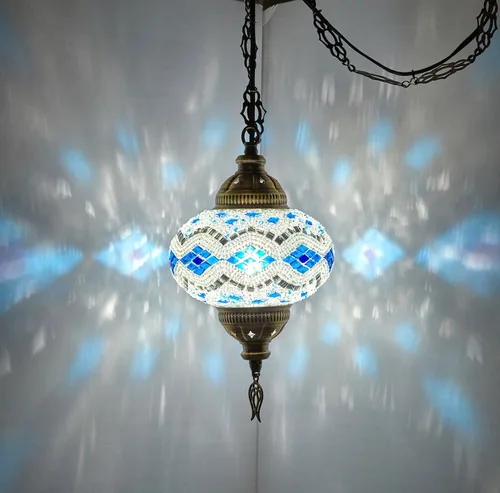 Miniatura 6 de DEMMEX Lámpara Colgante de Techo Enchufable de Mosaico Turco Marroquí – Luminaria Tipo Swag con Cable de 15 pies y Cadena, Vidrio Artesanal