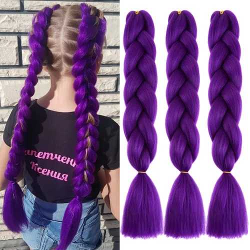 Miniatura 11 de Paquete de 3 extensiones de cabello trenzado de colores de 24 pulgadas, extensiones de cabello sintético para trenzar, morado, verde, amarillo