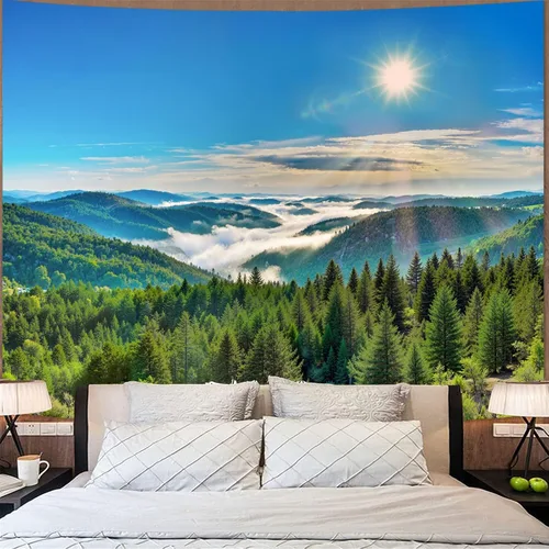Miniatura 4 de Zussun Tapiz de Bosque Natural de Montaña Tapiz Verde de Pino Luz Solar Selva para Dormitorio Estético Planta Paisaje de Montaña Tapices Pequeños