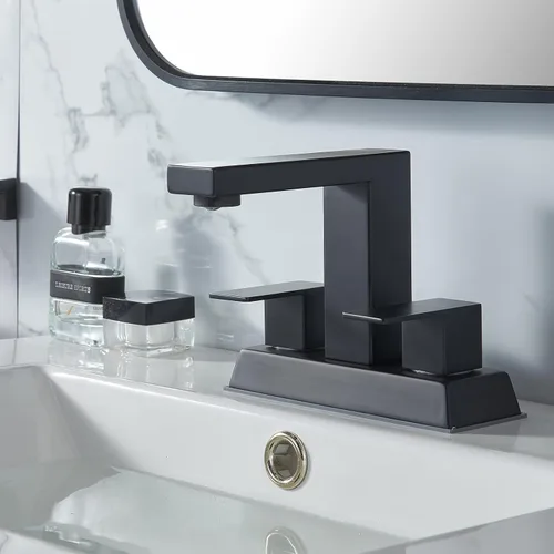 Miniatura 7 de KINGO HOME Grifo central de baño negro de 2 asas, grifo de lavabo de baño negro mate de 4 pulgadas, grifos de tocador modernos para fregadero, grifo