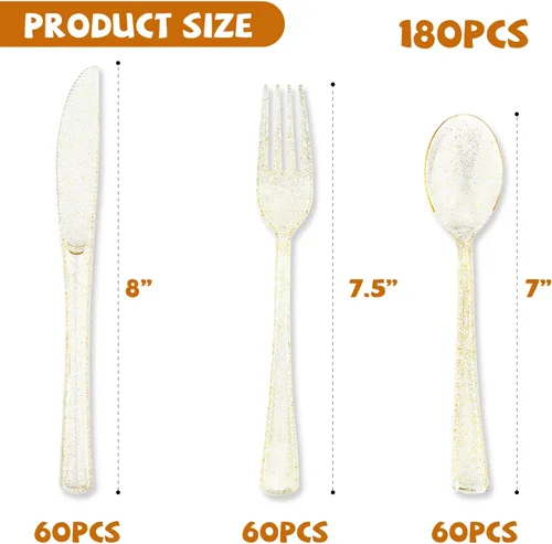 Miniatura 2 de hapray Juego de cubiertos de plástico dorado de 180 piezas, cubiertos desechables con purpurina, juego de cubiertos, 60 tenedores, 60 cucharas, 60