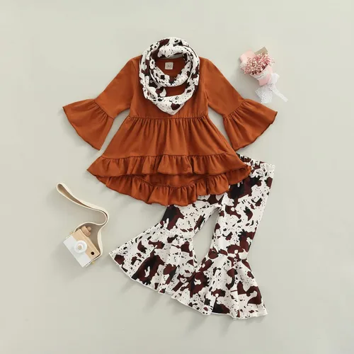 Miniatura 30 de Kaipiclos Ropa occidental para bebé niña, con lindo estampado con volantes, manga larga, pantalones para otoño e invierno, trajes de vaquera