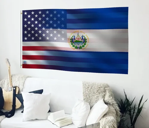 Miniatura 4 de Bandera híbrida salvadoreña estadounidense de 3 x 5 pies: pancarta 100% poliéster, ojales de latón y cabecera de lona fuerte, para uso en exteriores