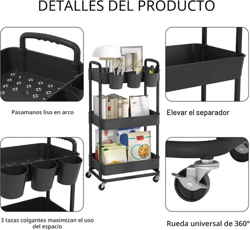 Miniatura 7 de JIUYOTREE - Carro utilitario de almacenamiento rodante de plástico de 3 niveles con tazas colgantes extra, mangos, ruedas con bloqueo para sala