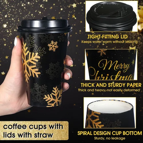 Miniatura 3 de Uiifan Paquete de 50 Tazas de Café Navideñas de 16 oz a Granel Negras Doradas con Copos de Nieve Tazas Desechables Tazas de Papel Feliz Navidad