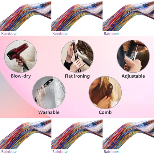 Miniatura 2 de Kit de oropel de cabello arcoíris con herramientas e instrucciones, fácil de usar, 1200 mechones, 48 pulgadas, extensiones de cabello con purpurina