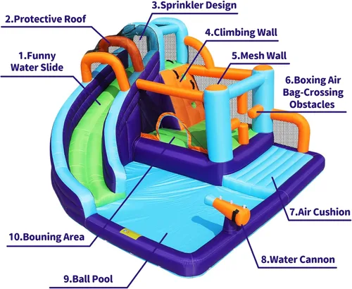 Miniatura 5 de Casa inflable de rebote de tobogán acuático para niños, casa inflable para patio trasero con tobogán acuático para regalo (ventilador incluido)