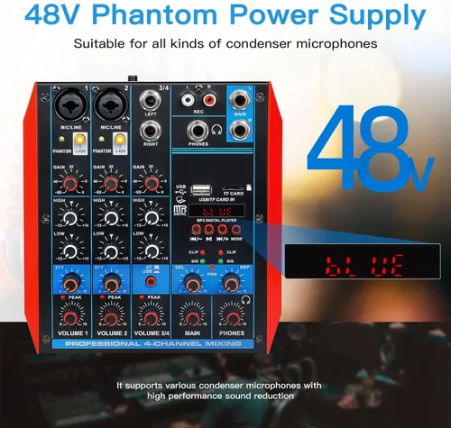 Miniatura 3 de Mezclador de audio de 4 canales, mini consola portátil de placa de sonido con interfaz de audio USB de 48 V Phantom Power Bluetooth USB MP3 DJ Mixer