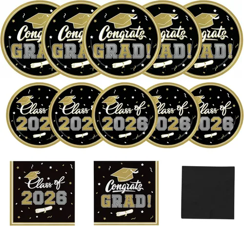Platos y servilletas de fiesta de graduación, decoraciones de graduación de clase de 2026, platos de papel desechables negros y dorados, servilletas