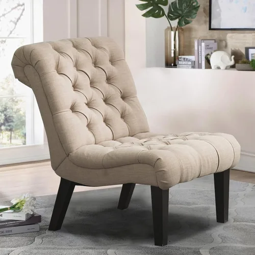 Miniatura 10 de Silla decorativa moderna para dormitorio, sala de estar, silla lateral tapizada con botones y sin brazos con patas de madera maciza, tela crema