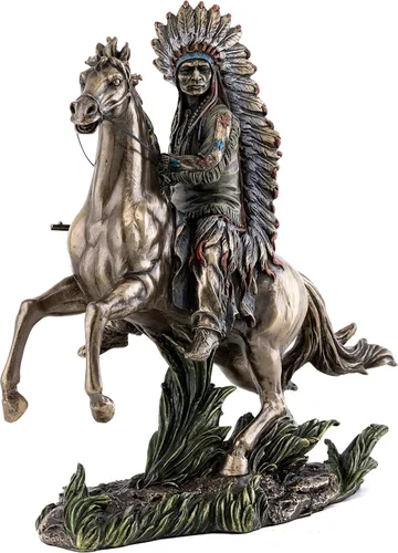Miniatura 2 de Top Collection Chief Sitting Bull on Horseback Estatua – Escultura de nativos americanos con hermoso tocado en bronce fundido en frío de primera