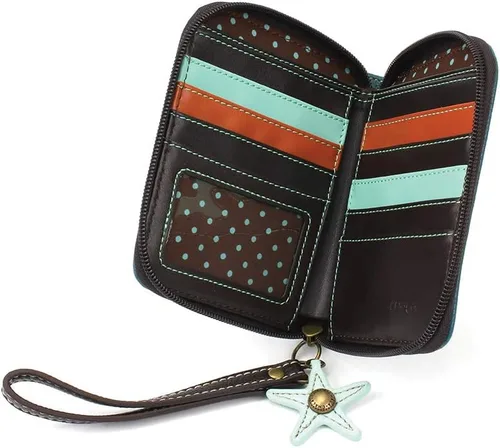 Miniatura 3 de CHALA Cartera con cremallera alrededor, pulsera, 8 ranuras para tarjetas de crédito, piel sintética resistente, Dólar de arena - Turquesa, Cartera